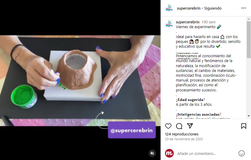 Captura de pantalla de una publicación de Instagram mostrando experimento de volcan para niños